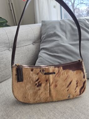 Longchamp Cowhide Calf Hair Baguette Shoulder Bag Brown Leather Animal Print